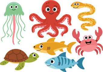 Cute cartoon sea animals illustration with octopus, jellyfish, crab, fish, turtle, eel, and marine creatures for kids education design