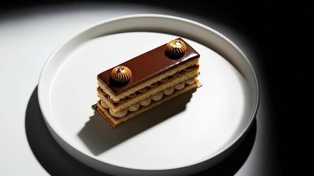 Elegant layered chocolate dessert pastry cake on white plate against dark background studio shot