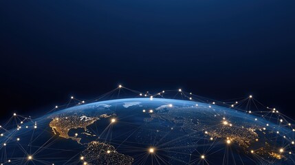 A glowing representation of planet Earth highlights a network of connections against a dark blue backdrop, symbolizing global commerce and technology