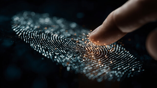 A human finger touching a futuristic digital fingerprint pattern that glows with connecting data points on a dark background.