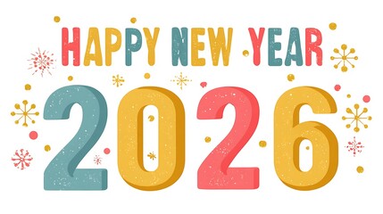 Colorful Happy New Year 2026 greeting design with playful typography and festive decorations
