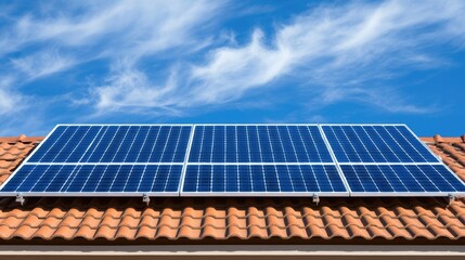Solar panels shine brightly on a private home's red-tiled roof, reflecting a clear blue sky adorned with white clouds