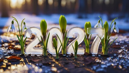 The year 2027 in ice, with spring snowdrop flowers and crocuses emerging from melting snow in a garden at sunrise, a concept of new beginnings.