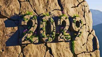 The year 2029 carved in stone, with resilient plants and flowers growing from the rock, a concept for growth, hope, and a sustainable future.