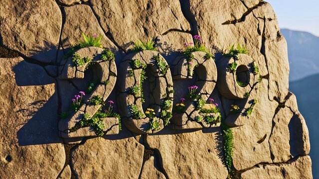 The year 2029 carved in stone, with resilient plants and flowers growing from the rock, a concept for growth, hope, and a sustainable future.