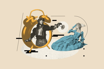 Full trendy photo collage of happy duchess girl soldier wear steel armor alarm clock flower renaissance era couple greeting holiday