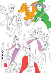 Fairy tale coloring page with prince, princess, witch, dragon, castle, and magical fantasy scene illustration for children’s education and art