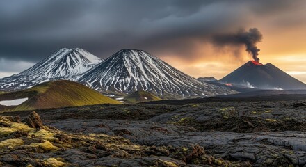 Dramatic volcanic eruption at sunset with smoke billowing from the peak