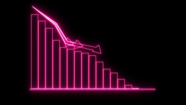 Neon declining trend line, stock market, cryptocurrency crash, and economic loss, white arrow pointing down, indicating financial downturn,
