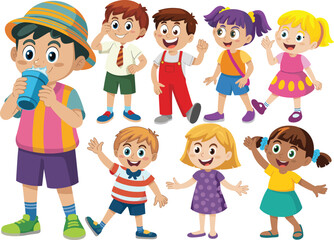 Happy cartoon children group illustration with colorful clothes, cute smiling faces, diverse kids standing together for education and design projects