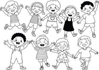 Happy cartoon children group illustration with colorful clothes, cute smiling faces, diverse kids standing together for education and design projects