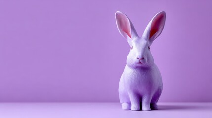 Obraz premium Colorful purple rabbit figurine with large ears, sitting on a smooth surface against a soft purple background, showcasing a whimsical and playful design perfect for decorative purposes