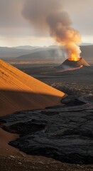 Volcanic eruption with glowing lava and smoke spewing from the crater at sunset