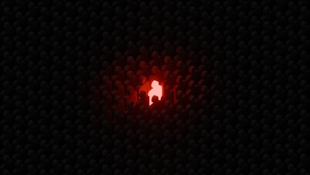 A Red glowing man standing in front of a large crowd, alone and lonely But also rebellious