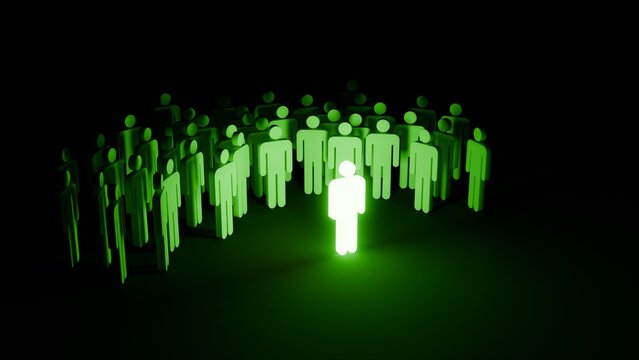 A Green glowing man standing in front of a large crowd, in a dark spacealone and lonely But also rebellious	
