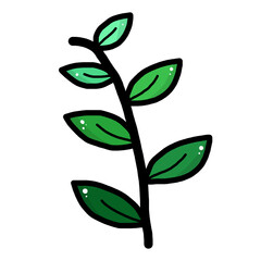 Vibrant hand drawn illustration of plant branch with green leaf foliage. This simple cartoon sprig represents fresh growth, nature, and organic life on transparency background