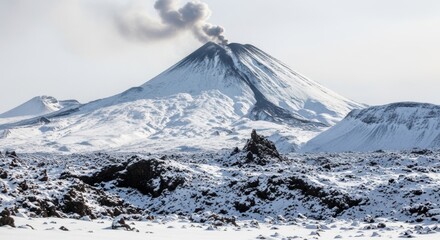 Snowcovered volcano with smoke rising from the crater in a cold, rocky landscape