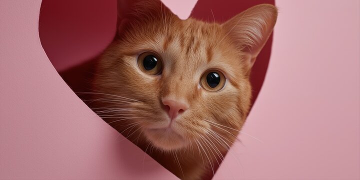 Curious orange cat peeking through heart-shaped pink paper cutout