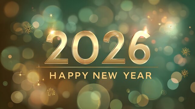 Golden 2026 happy new year greeting with green bokeh lights and snowflakes