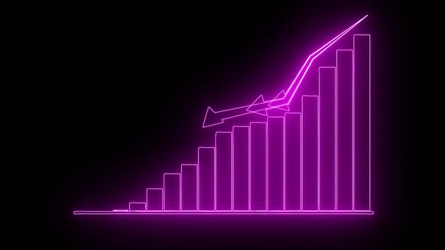 Neon Business graph chart Down concept. Arrow down on graph sale symbols.Business arrow moving down sign.Bar chart for declining business performance by month. The red statistical curve shows.