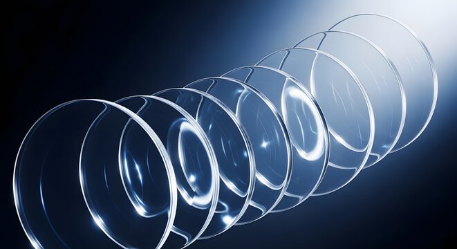 Abstract arrangement of transparent glass lenses in a curved line