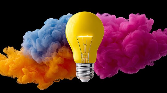 Bright yellow light bulb surrounded by vibrant blue and pink smoke clouds, creating a dynamic visual contrast, symbolizing creativity, innovation, and inspiration in a modern artistic composition