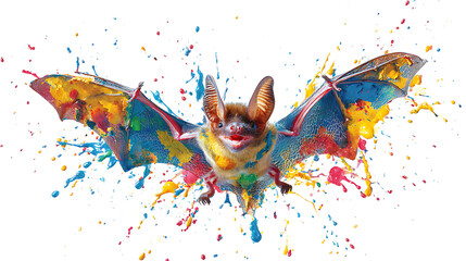 Naklejka premium Colorful bat in mid-flight with rainbow wings, splashed colors on a white background dynamic motion