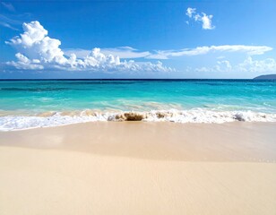 Idyllic Tropical Beach Scene with Azure Water White Sand and Blue Sky with Puffy Clouds Coastal Serenity in Bright Daylight Summer Paradise