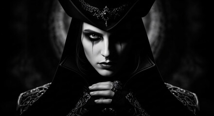 Woman in Dark Makeup  Outfit Dramatic Lighting