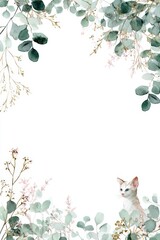 Naklejka premium A charming watercolor illustration featuring delicate leaves and flowers framing a cute cat, ideal for creating greeting cards, invitations, or nature-themed decor pieces,