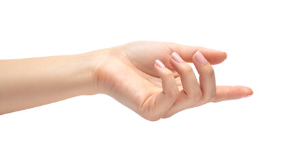 Woman s open hand reaching out with fingers slightly curled isolated on transparent background