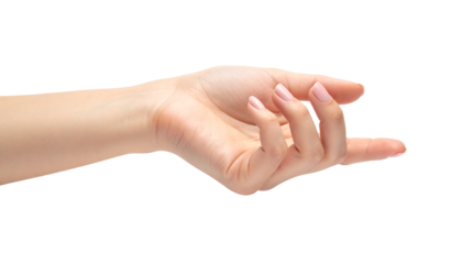 Woman s open hand reaching out with fingers slightly curled isolated on transparent background
