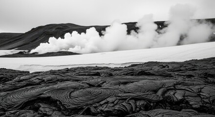 Black and white view of steaming geothermal vents in a rugged lava field with distant hills
