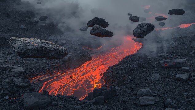 Flowing Fury. A Dance of Fire and Stone in an Ethereal Landscape, A Visual Symphony.