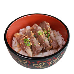 Delicious and inviting Beef Rice Bowl, a culinary delight. The bowl is filled with fluffy rice topped with flavorful slices of beef, garnished with herbs and a sprinkle of nuts.