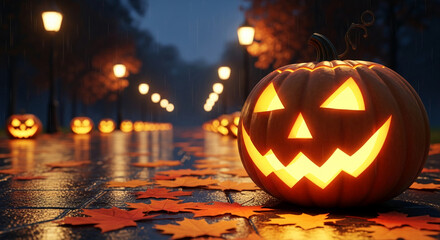 Glowing carved pumpkin on wet pavement with leaves, representing Halloween spirit and festive celebration in a rainy atmosphere and nocturnal environment
