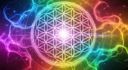 Colorful flower of life against cosmic background
