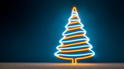 Neon Christmas tree illustration glowing in vibrant blue and orange colors against a dark background, creating a festive atmosphere perfect for holiday-themed designs and seasonal celebrations