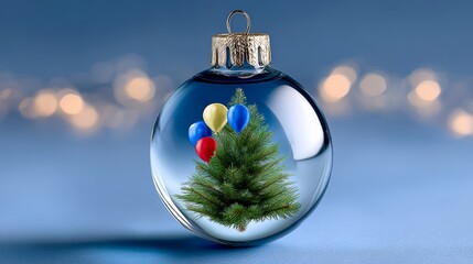 Christmas ornament featuring a miniature Christmas tree inside, adorned with colorful balloons, set against a soft blue background with blurred festive lights creating a magical holiday atmosphere