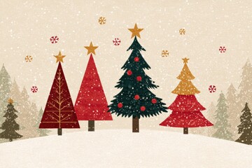 Obraz premium A festive winter scene featuring colorful Christmas trees adorned with stars and snowflakes, perfect for greeting cards, holiday decorations, or seasonal marketing materials,