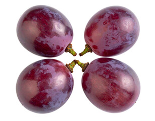 Four ripe red grapes arranged in a square isolated on transparent background