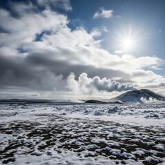 Snowcovered landscape with geothermal steam rising towards a bright sun and cloudy sky