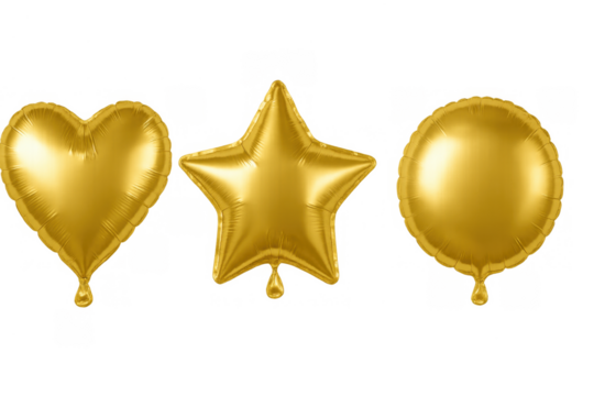 Golden foil party balloons creating celebratory mood including heart, star, and circle shapes on transparent background