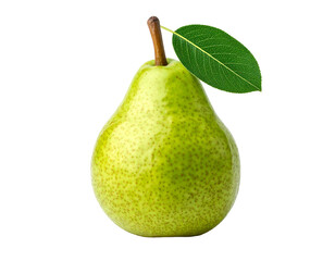 A single ripe green pear with a stem and leaf isolated on transparent background