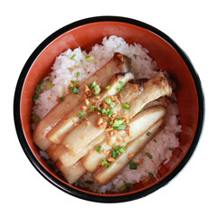 A delicious rice bowl dish with pork belly. The dish is served in a bowl, with the main focus on the pork belly and rice, offering a taste of culinary delight