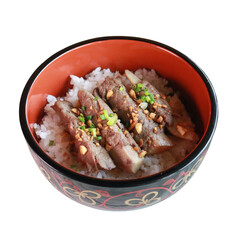 Delicious bowl of rice topped with grilled beef and chopped herbs, a tempting dish