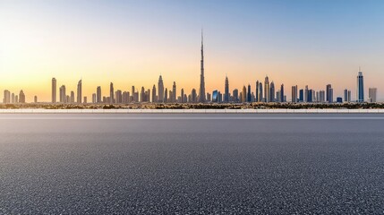 Obraz premium A deserted highway stretches towards the Dubai skyline during sunset, perfect for highlighting a car advertising concept
