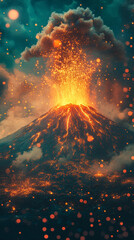 volcano erupting with glowing neon smoke, blending natural force with vibrant colors. Symbolizes energy, transformation, danger, power, and the surreal beauty of nature in dramatic motion.