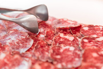 Salami slices close up