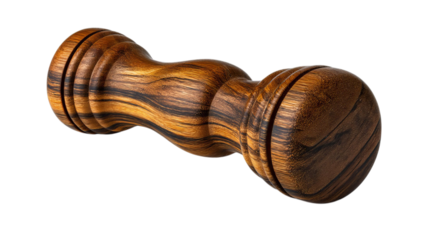 PNG of Elegant wooden dumbbell showcasing rich texture and craftsmanship, perfect for home decor or fitness inspiration.